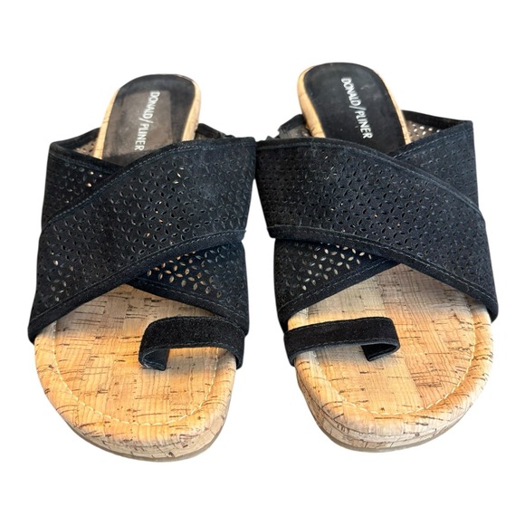Donald J. Pliner Wedges Women 9.5 M Black Suede Crisscross Toe Ring Cork Sandals - Picture 3 of 11